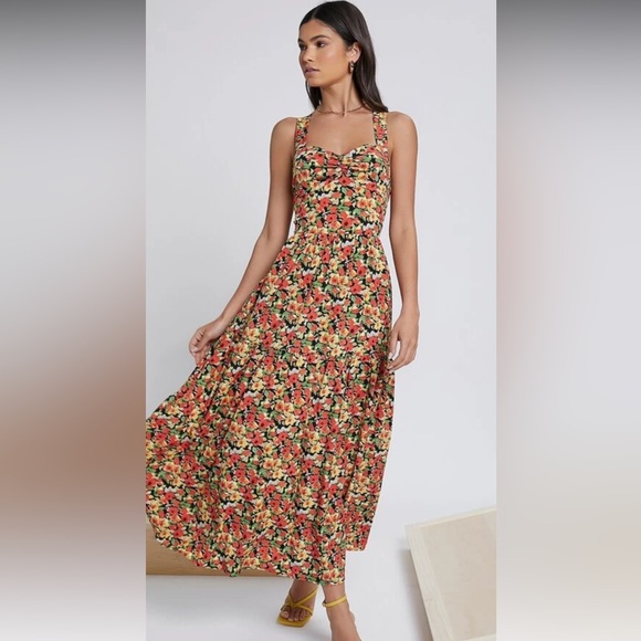 SHEIN Red Floral Lace Up Tie Back Maxi Dress Medium - Picture 2 of 7